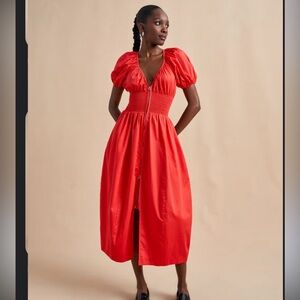 LA LIGNE NEW YORK SIZE XS‎ CELINA MIDI DRESS IN POPPY RED PUFF SLEEVES TULIP